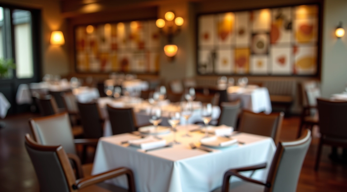 Modern restaurant dining room with tables set for dinner service, warm lighting and elegant place settings