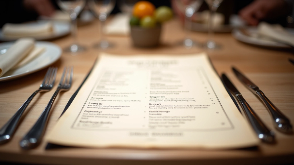Opened restaurant menu on table with dining setup