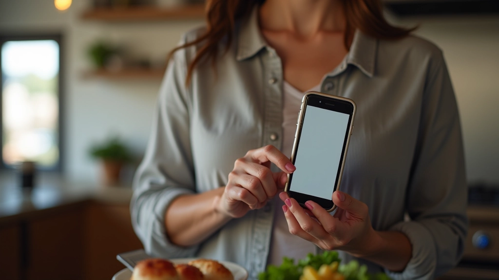 Woman in casual clothing using smartphone for restaurant booking